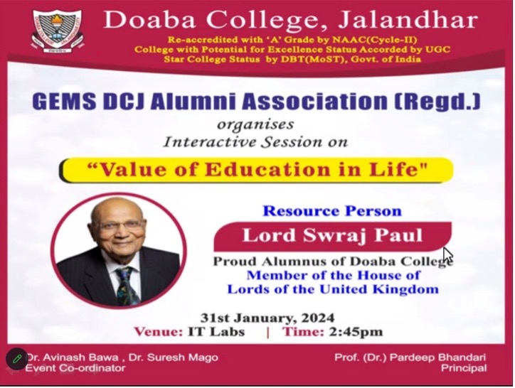Interactive Session with Lord Swarj Paul on the topic Value of Education in Life